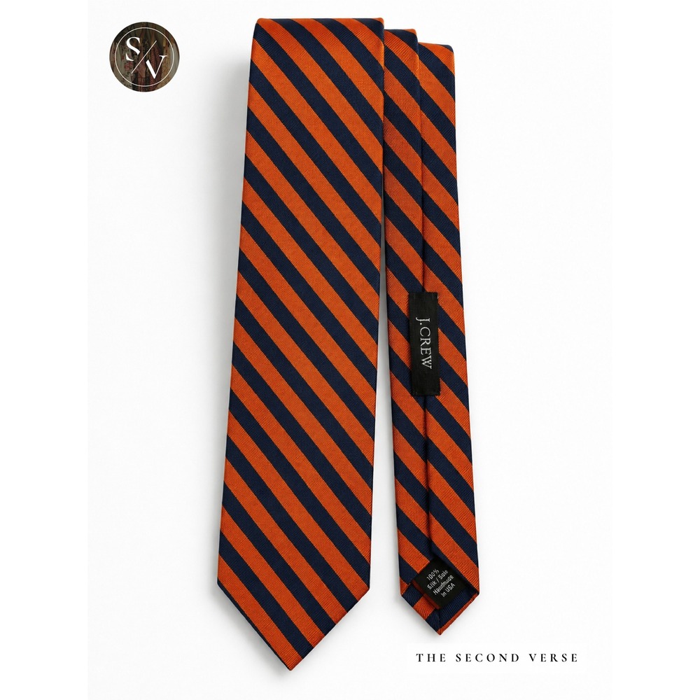 J.Crew Necktie Mens OS Orange Navy Blue 100% Silk Diagonal Stripe Preppy